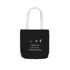 Black tote bag with white lettering “caffeine chaos catastrophe” and cup + swirl icon.