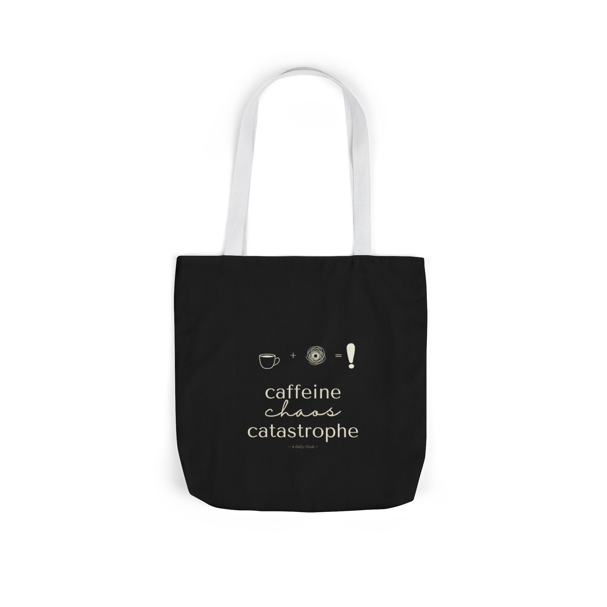 Black tote bag with white lettering “caffeine chaos catastrophe” and cup + swirl icon.