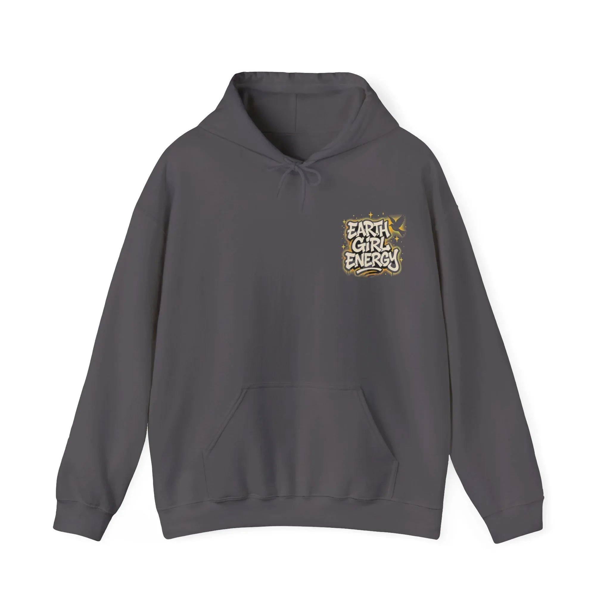 Charcoal gray hoodie with drawstring hood and front pouch pocket, featuring "Earth Girl Energy" logo.