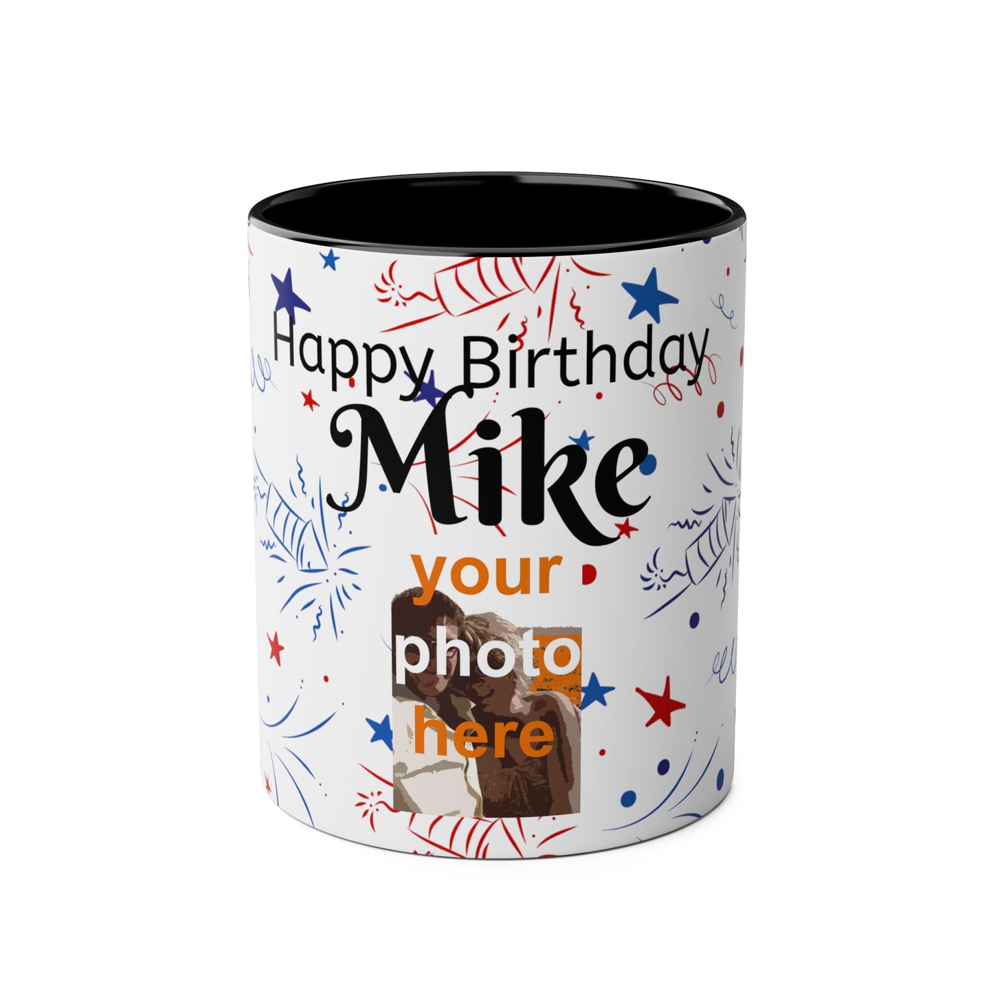 Happy birthday personalised photo and name Two-Tone Coffee Mugs, 11oz