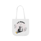 White coffee tote with white handles, “STAY GROUNDED” coffee mug illustration and leaves