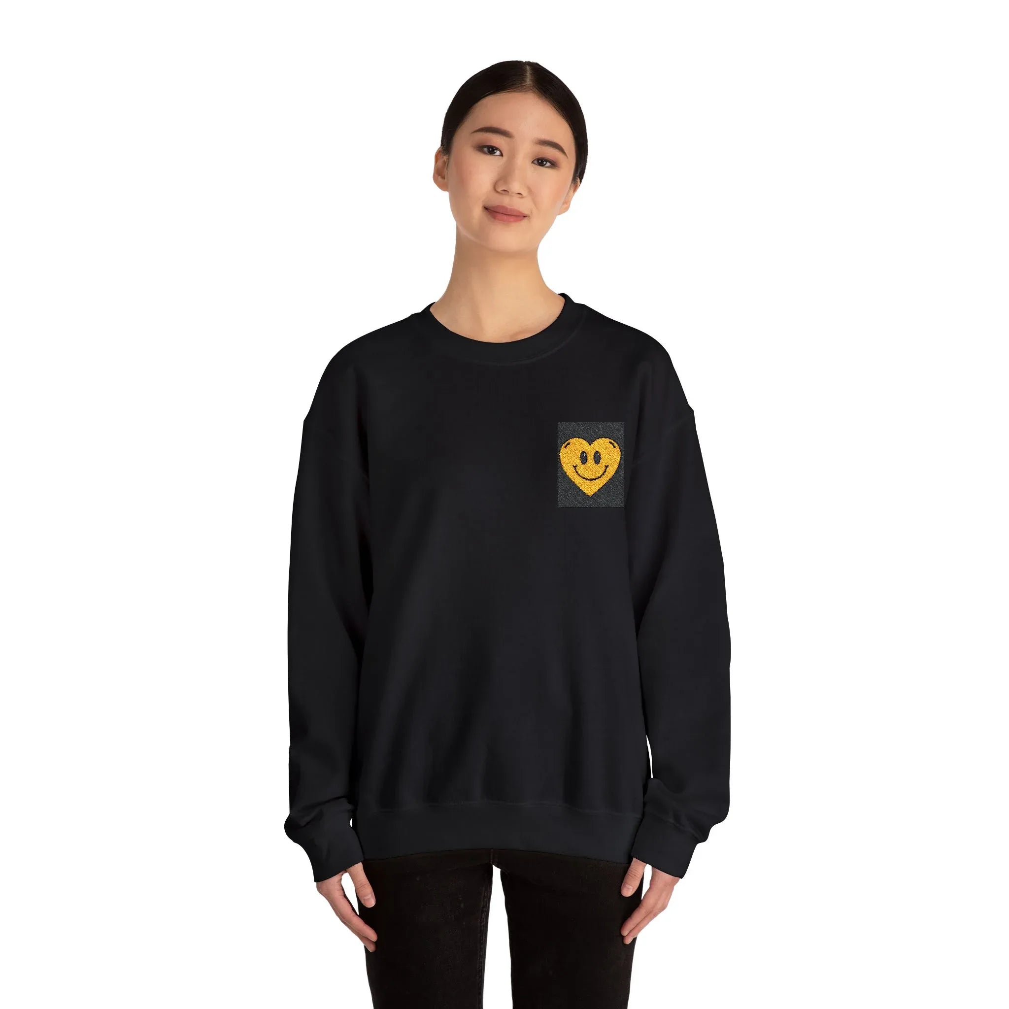 Black cupcake sweatshirt with smiley-face cupcake graphic patch on chest