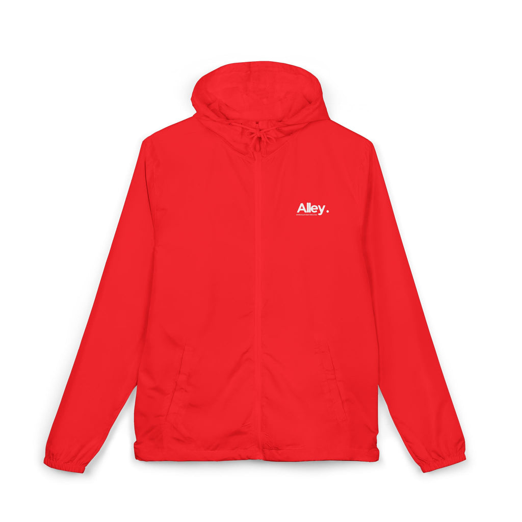 Lightweight hooded windbreaker jacket in red, front zip, drawstring hood, chest logo.