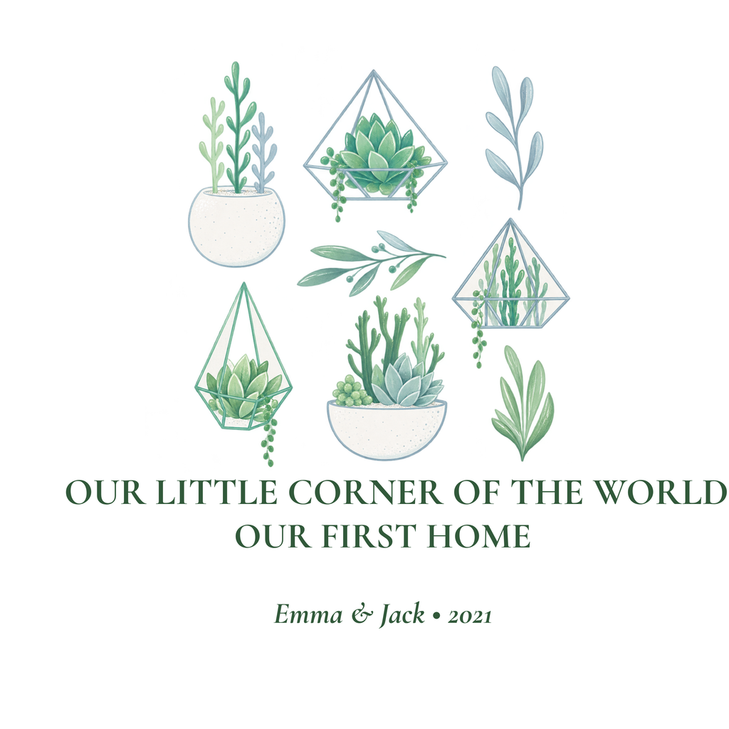 Botanical t-shirt design artwork: succulents and “Our little corner of the world” lettering