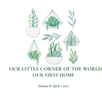 Botanical t-shirt design artwork: succulents and “Our little corner of the world” lettering
