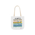 White tote bag with 'I'm not a morning person' and 'or afternoon one' slogan front