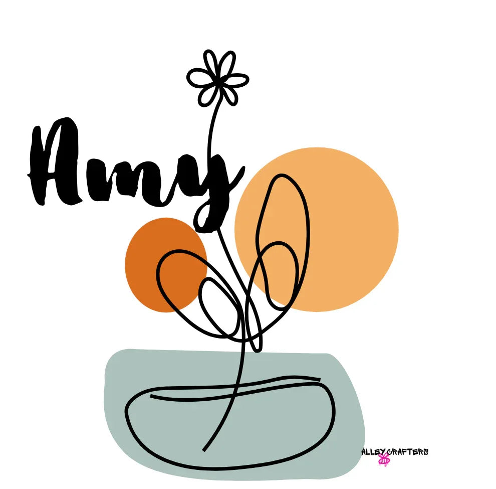 White ceramic mug close-up with personalized Amy name and floral swirl bowl graphic.