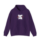 Violet unisex slogan hoodie with hood and front kangaroo pocket.