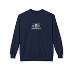 Navy crewneck sweatshirt with 'I Tell Dad Jokes Periodically' chest graphic
