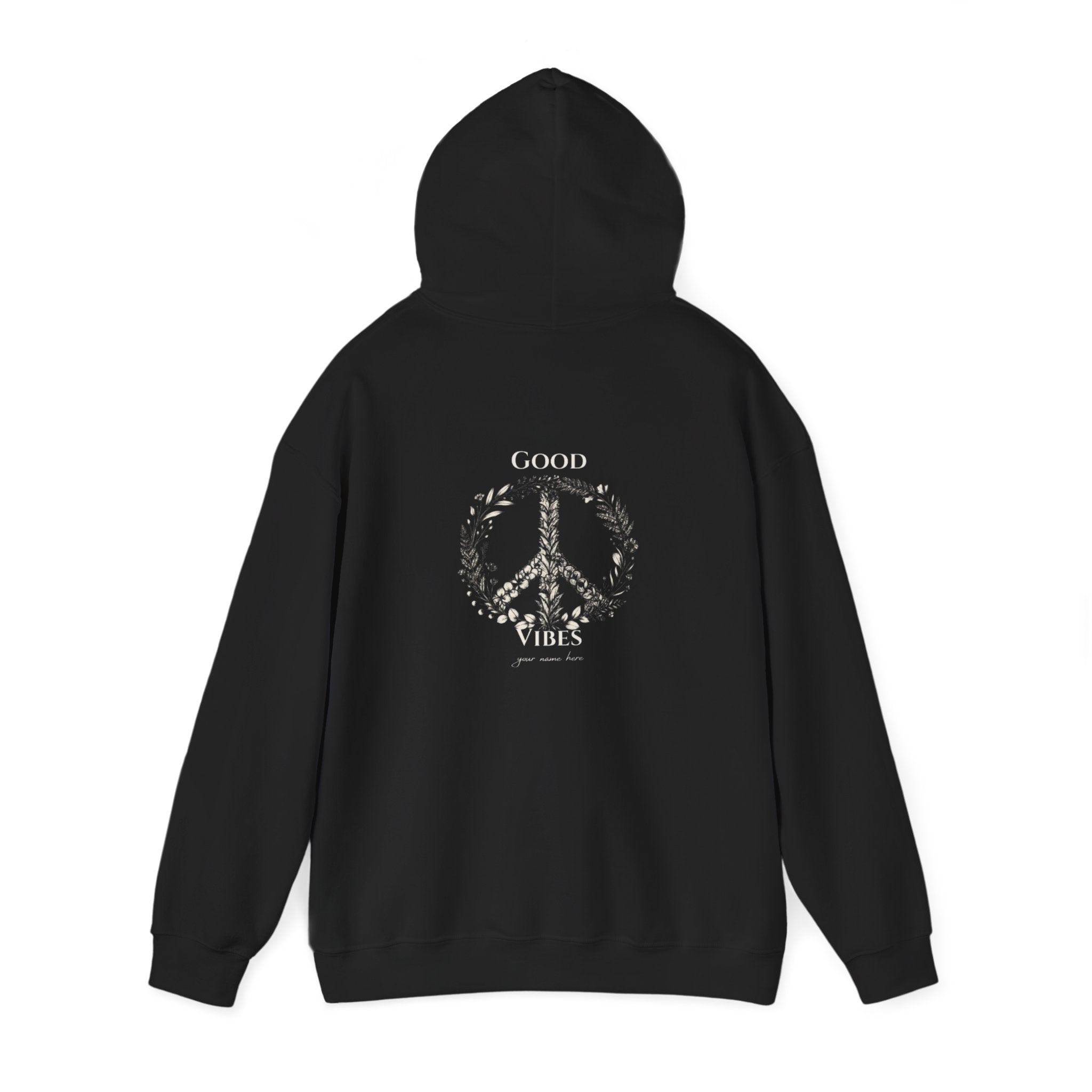 Black unisex hoodie with "GOOD VIBES" wreath logo on the back of the hood.