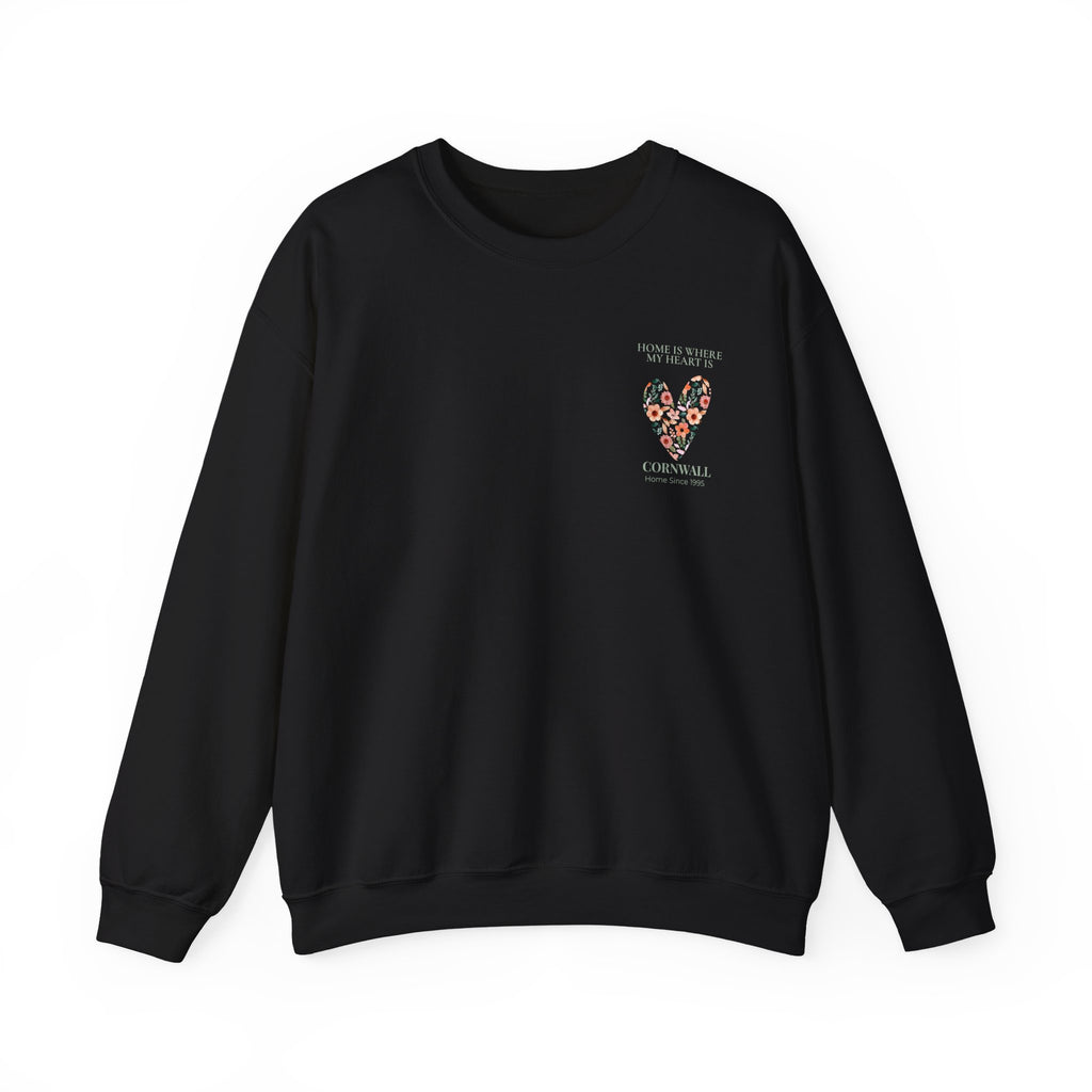 Black personalised sweatshirt with floral heart graphic and location text on chest