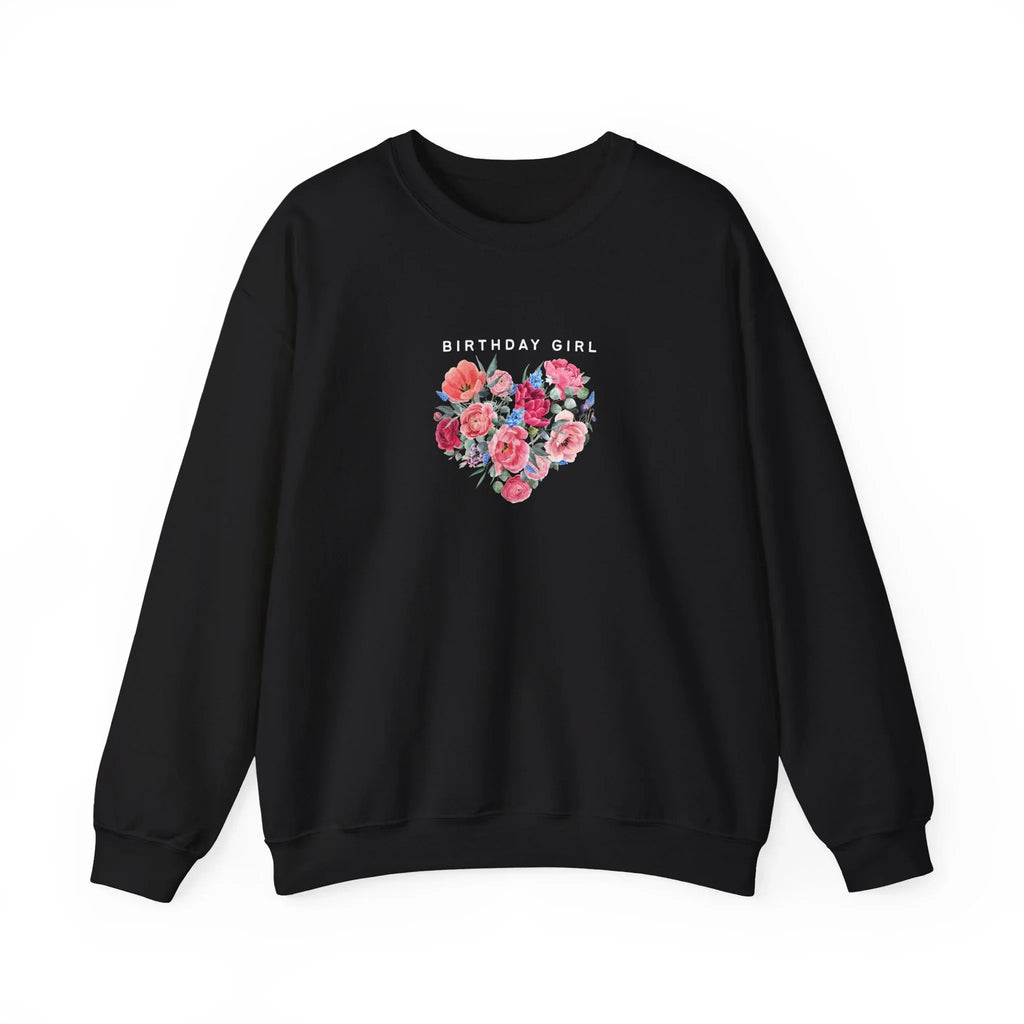 Black crewneck sweatshirt with “Birthday Girl” text and floral heart graphic