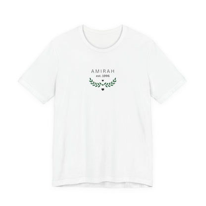 Personalized Name Tee — “AMIRAH est. 1996” Floral Monogram T-Shirt