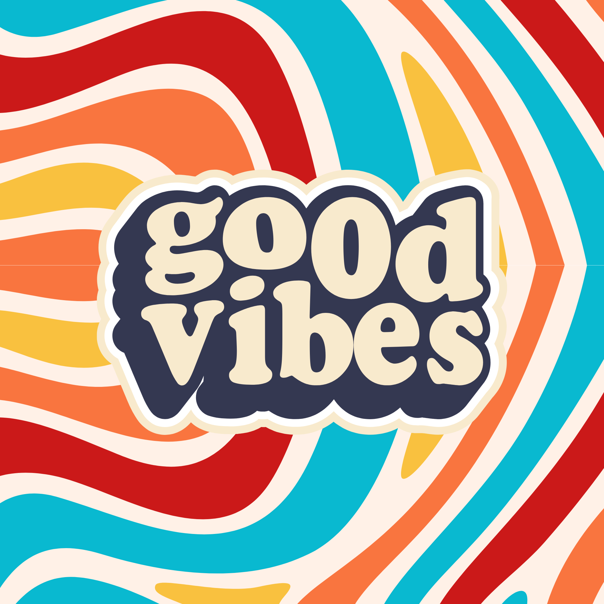 White canvas tote bag with colorful retro 'good vibes' graphic