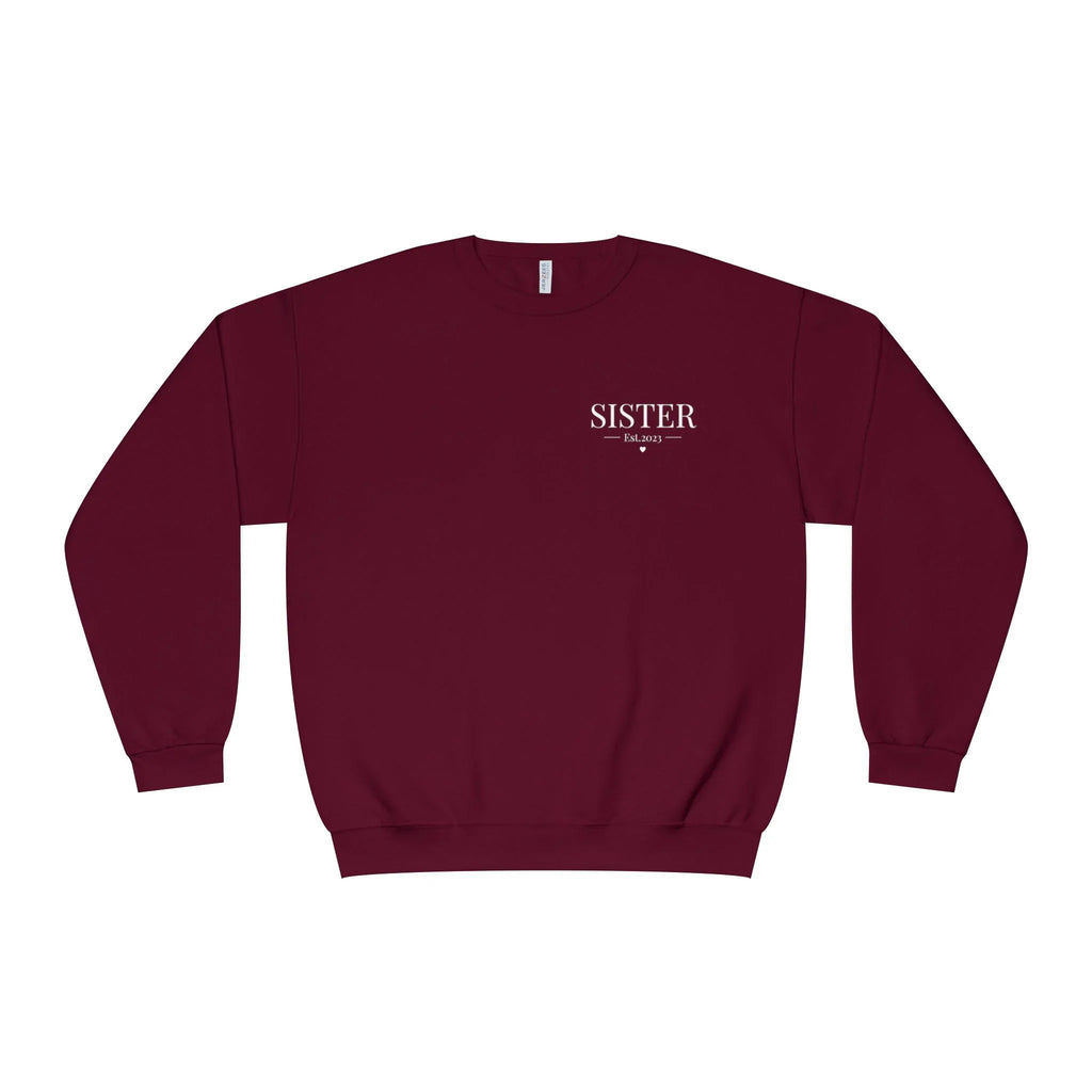Personalised sweatshirt in burgundy with front text "SISTER" and small Est date