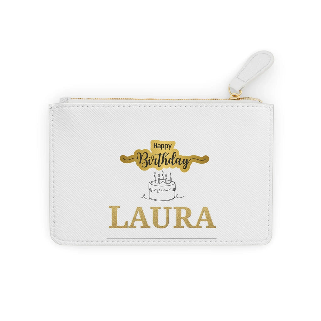 White mini clutch bag with gold zipper and Happy Birthday cake design, personalized LAURA