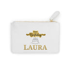 White mini clutch bag with gold zipper and Happy Birthday cake design, personalized LAURA