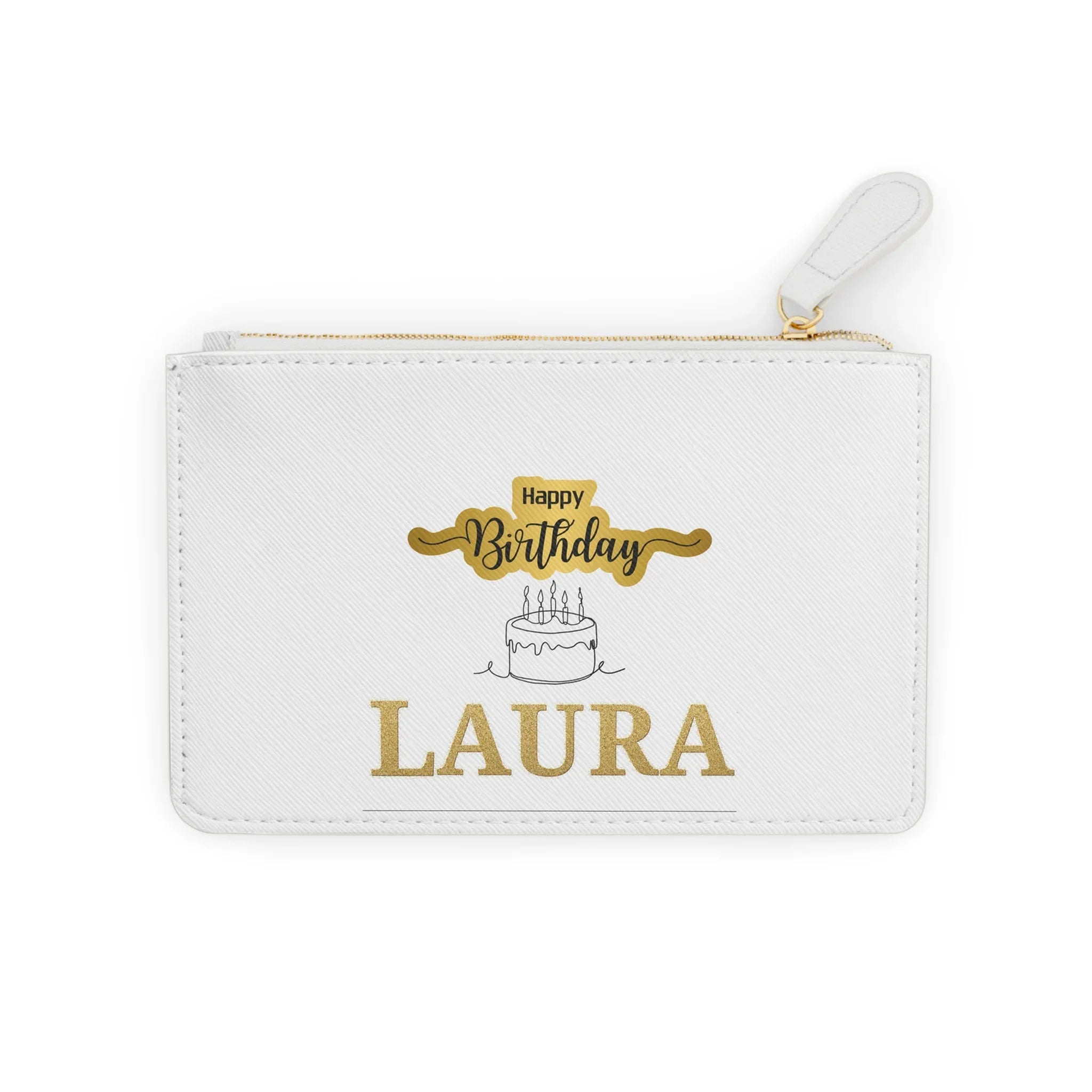 White mini clutch bag with gold zipper and Happy Birthday cake design, personalized LAURA