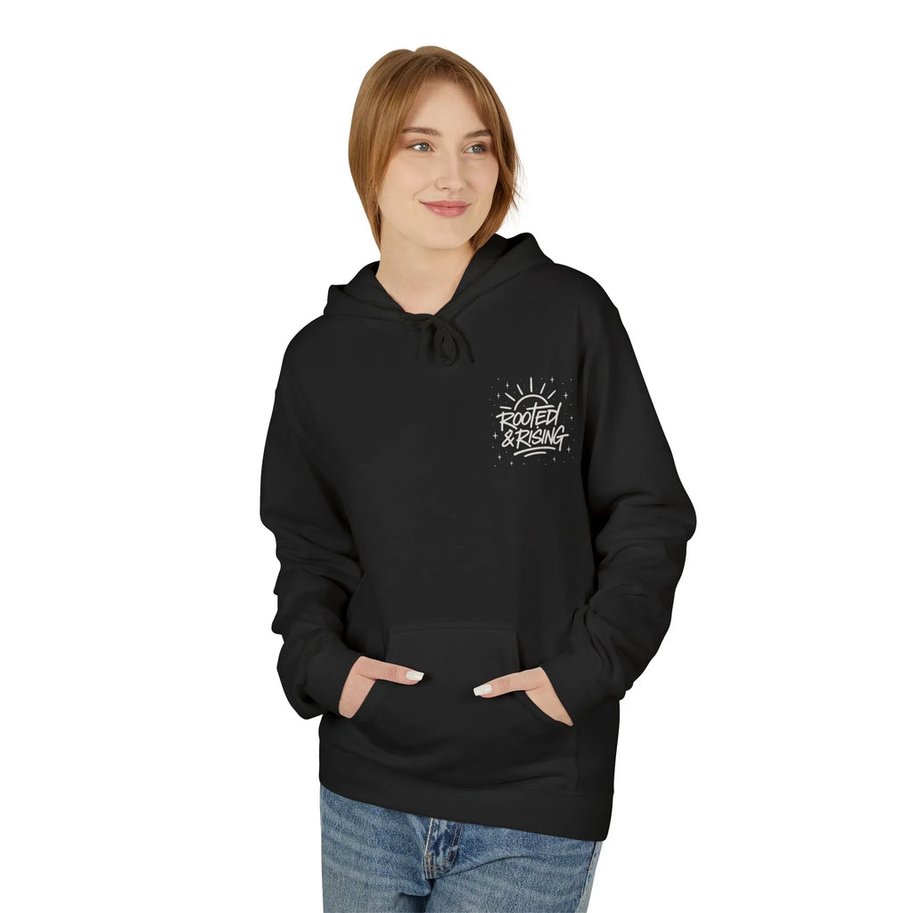 Black hoodie with hood and front pocket, Rooted & Rising logo on chest