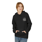 Black hoodie with hood and front pocket, Rooted & Rising logo on chest