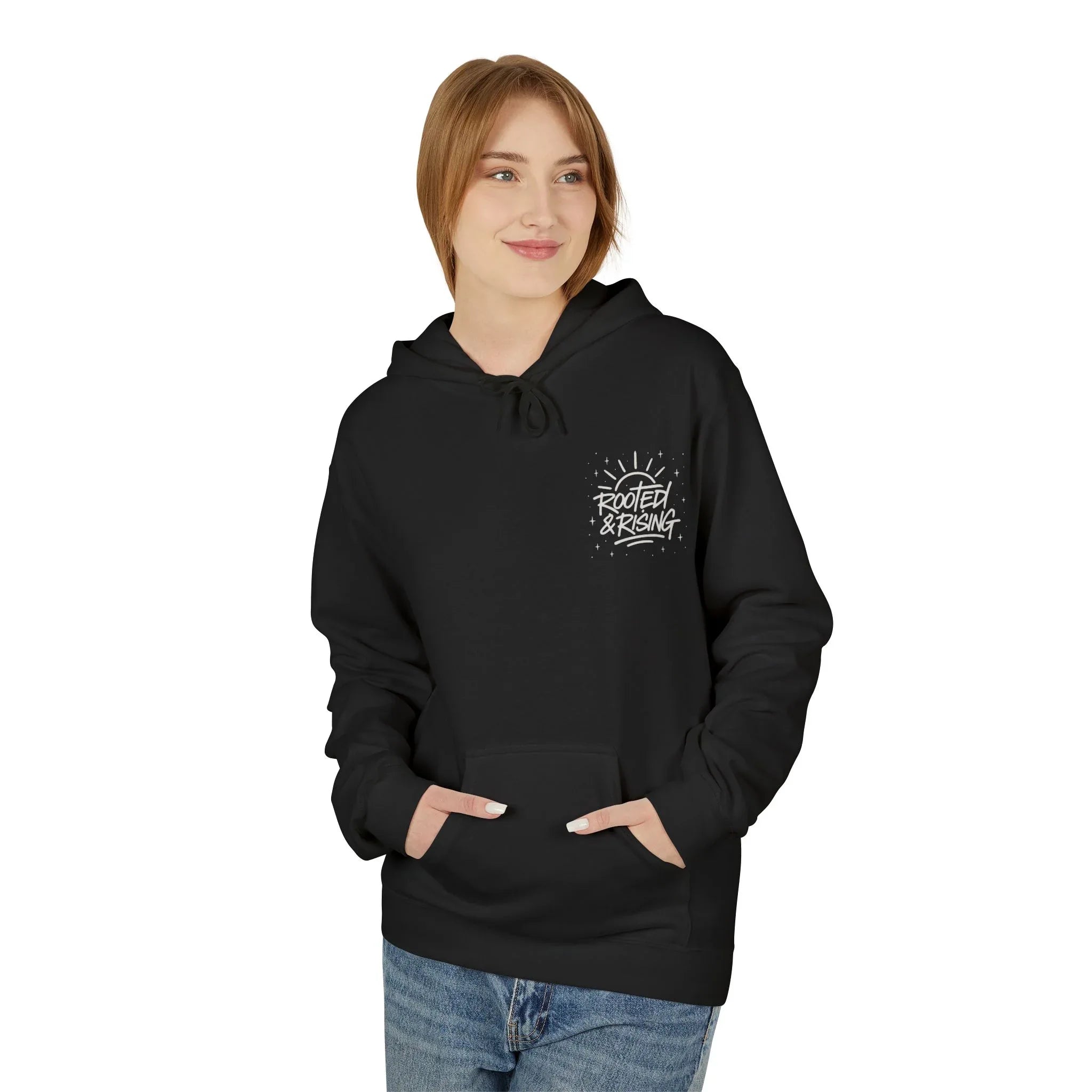 Black hoodie with hood and front pocket, Rooted & Rising logo on chest