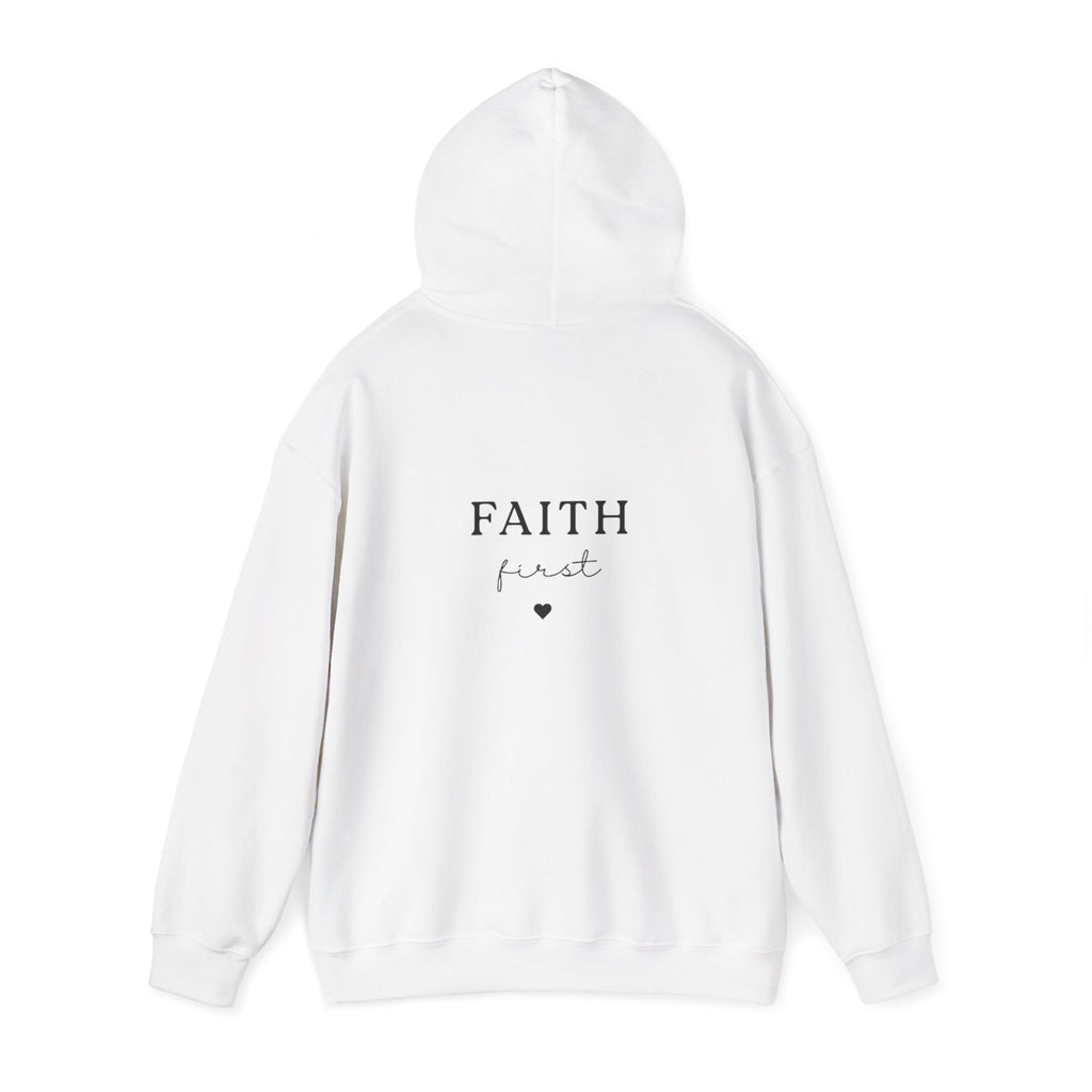 White pullover hoodie sweatshirt, back view with "FAITH first" logo print