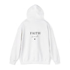 White pullover hoodie sweatshirt, back view with "FAITH first" logo print