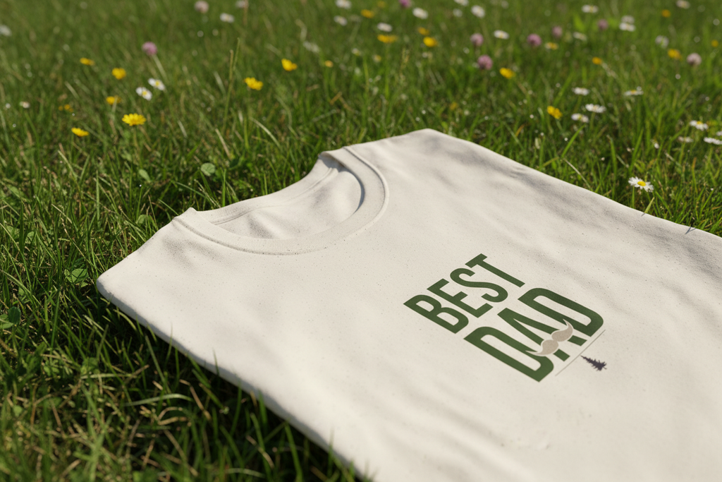 Light beige T-shirt with green "Best Dad" typography on the front