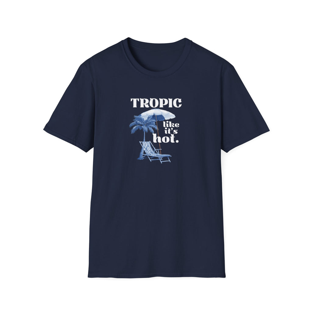 Navy T-shirt with chest graphic: palm tree, chair, and "TROPIC like it's hot."