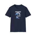 Navy T-shirt with chest graphic: palm tree, chair, and "TROPIC like it's hot."