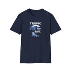 Navy T-shirt with chest graphic: palm tree, chair, and "TROPIC like it's hot."
