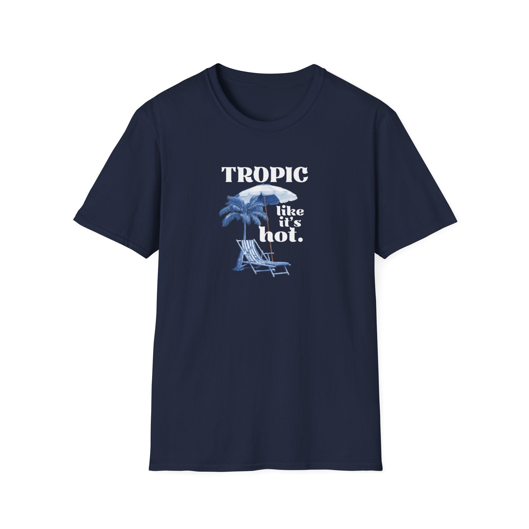 Navy T-shirt with chest graphic: palm tree, chair, and "TROPIC like it's hot."