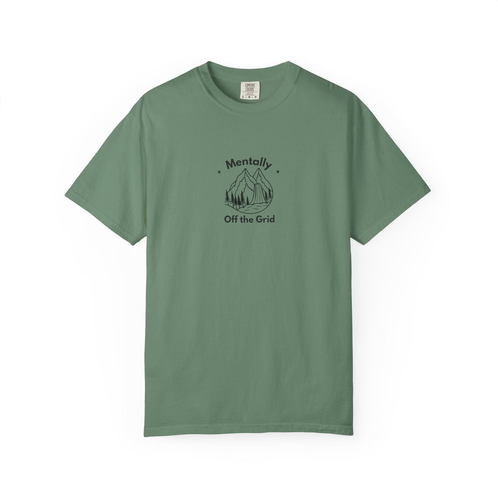 Green t-shirt with Mentally Off the Grid mountain graphic