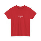 Red T-shirt with small chest text: “KEEP CALM IT’S MY BIRTHDAY” and cake icon.