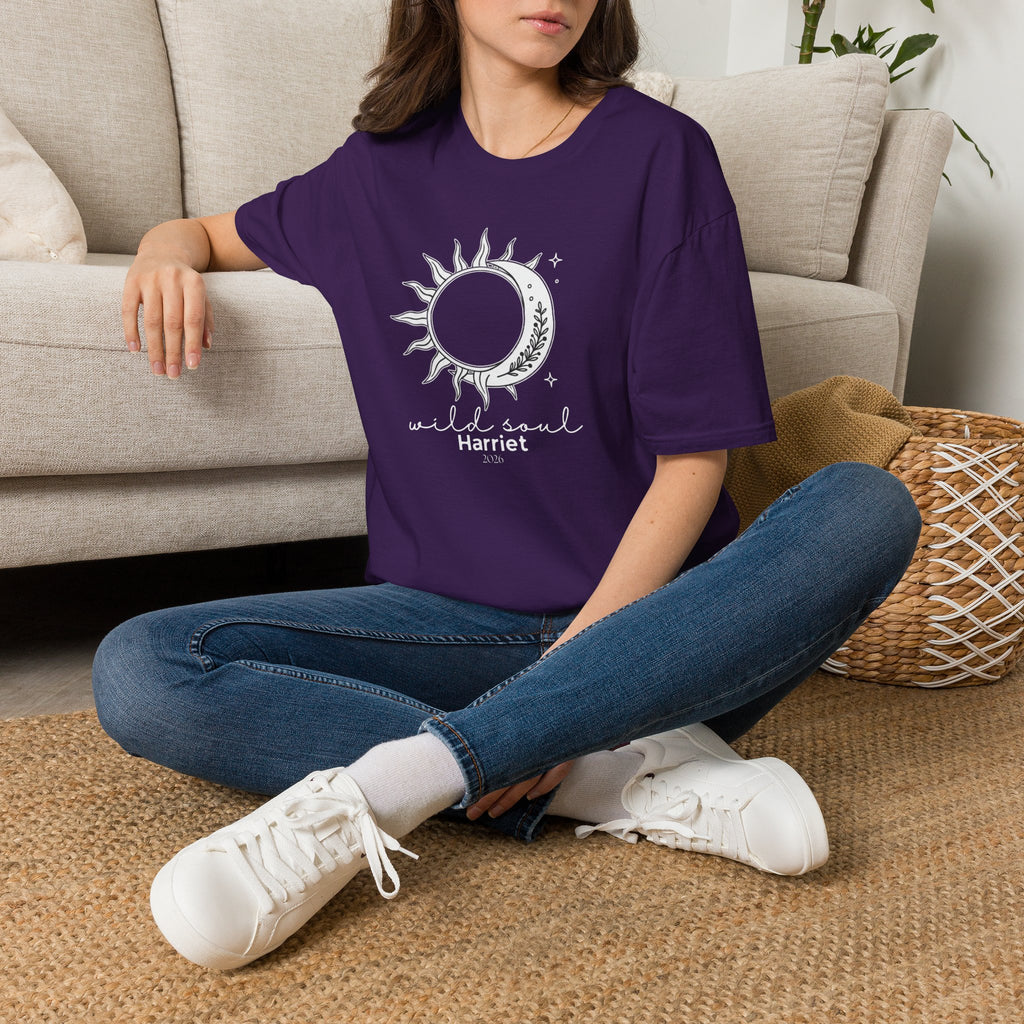 Purple crew-neck t-shirt with sun-and-moon graphic and 'Harriet' text