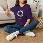 Purple crew-neck t-shirt with sun-and-moon graphic and 'Harriet' text