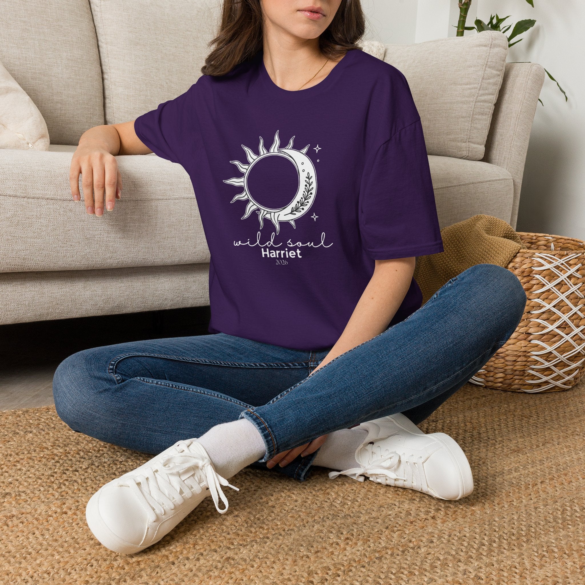 Purple crew-neck t-shirt with sun-and-moon graphic and 'Harriet' text