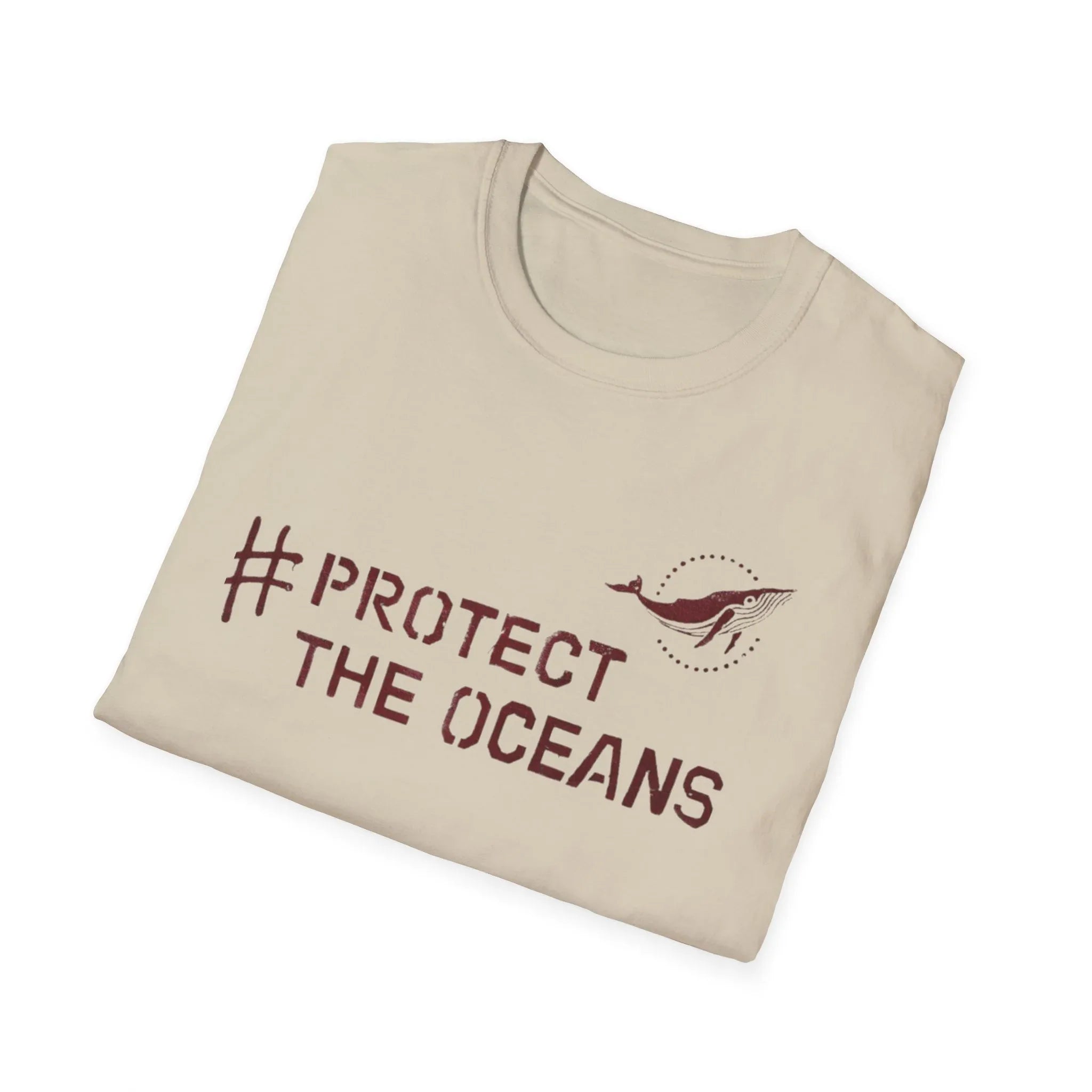 Sand T-shirt with #PROTECT THE OCEANS text and bird graphic on front