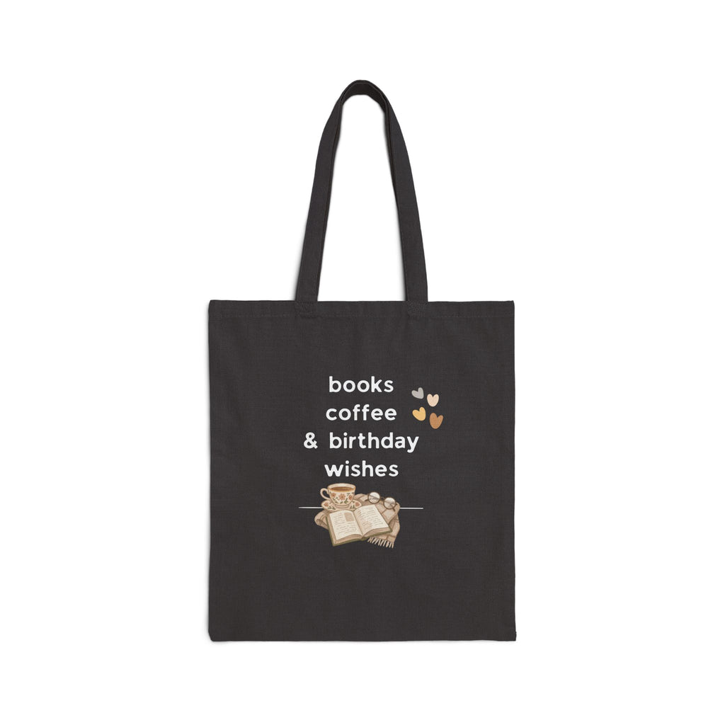 Black tote bag with 'books coffee & birthday wishes' and open-book graphic