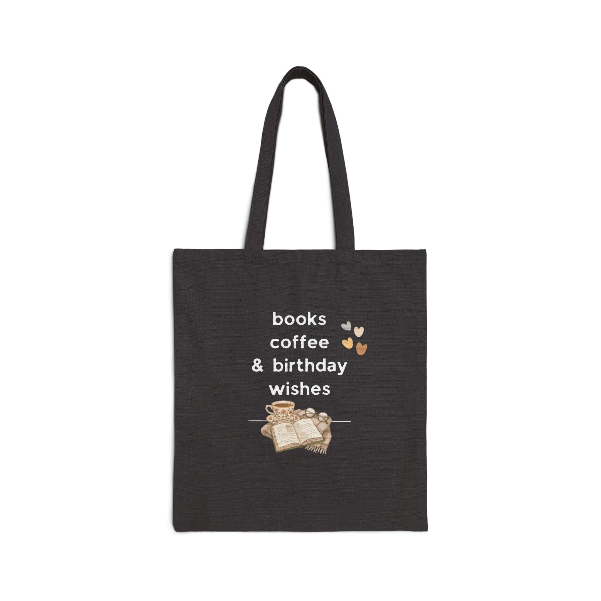 Black tote bag with 'books coffee & birthday wishes' and open-book graphic