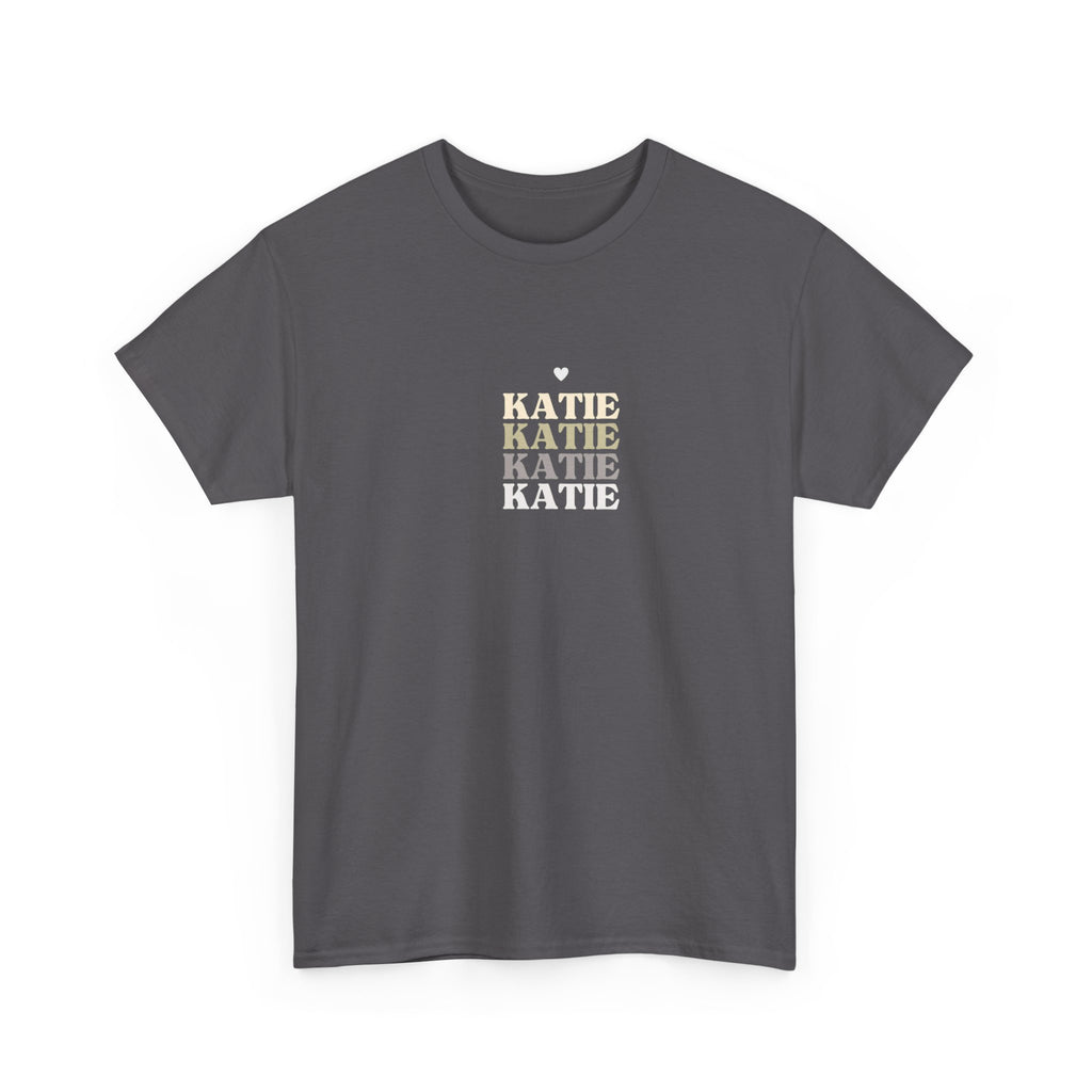 Personalised name stack T-shirt, charcoal, stacked 'KATIE' text