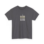 Personalised name stack T-shirt, charcoal, stacked 'KATIE' text
