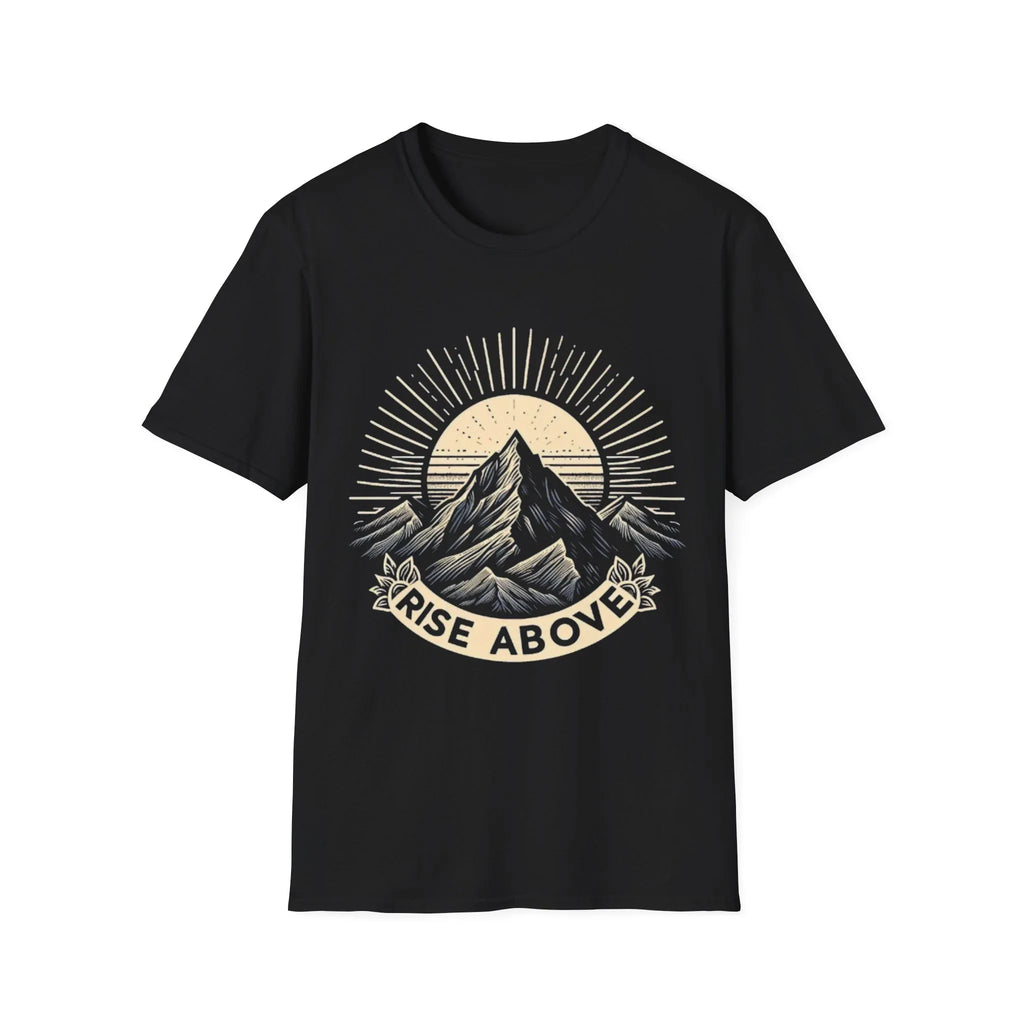Black short-sleeve T-shirt with mountain sunrise “RISE ABOVE” graphic