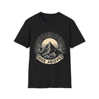 Black short-sleeve T-shirt with mountain sunrise “RISE ABOVE” graphic
