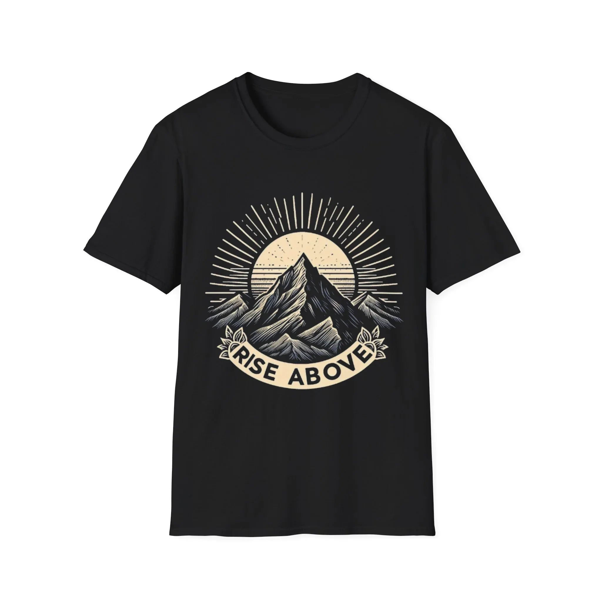 Black short-sleeve T-shirt with mountain sunrise “RISE ABOVE” graphic
