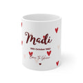 White mug with 'Madi' name and 'Born to Shine' text, red and light-pink hearts.