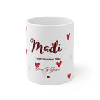 White mug with 'Madi' name and 'Born to Shine' text, red and light-pink hearts.