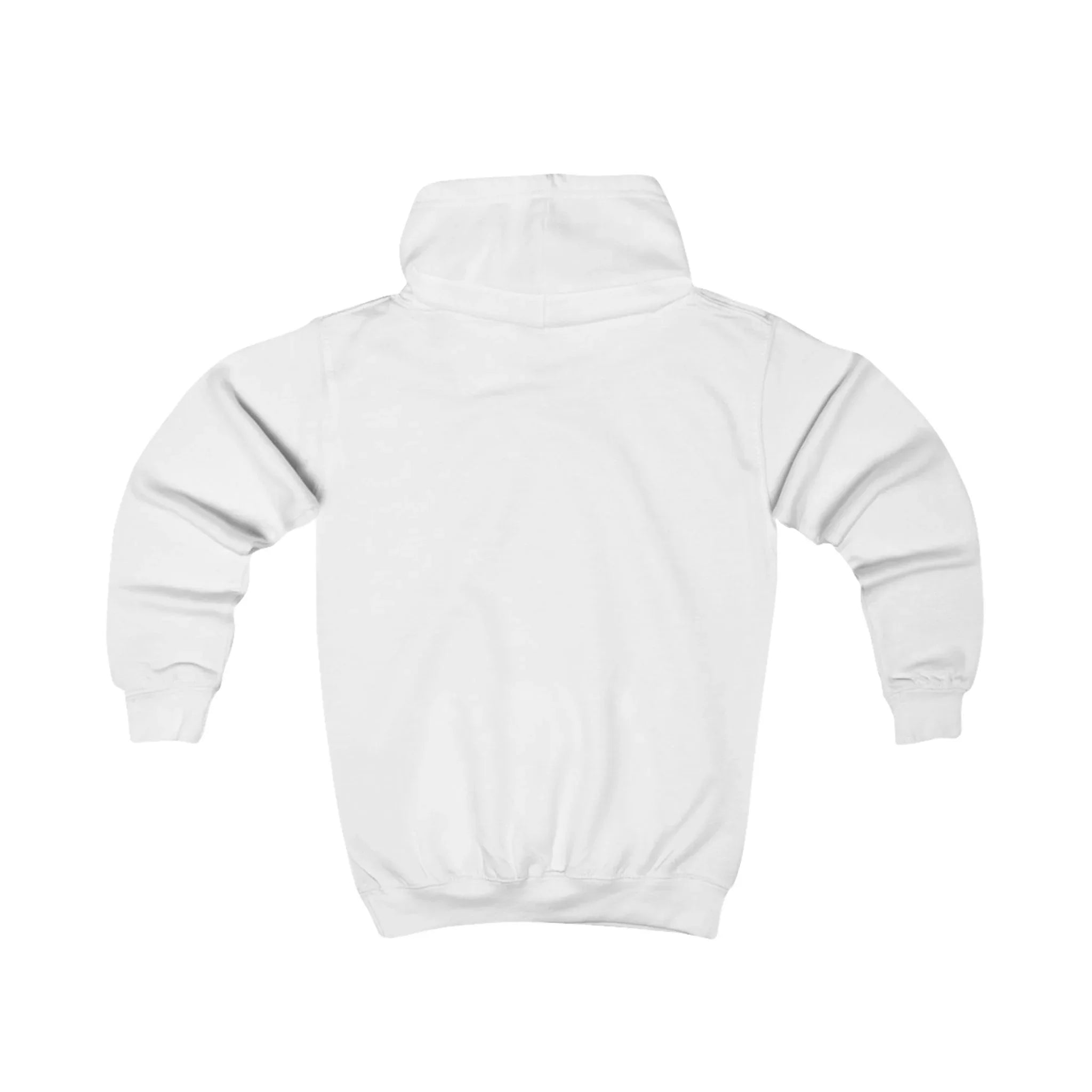 Kids white hoodie shown from back with hood and ribbed cuffs; no visible print