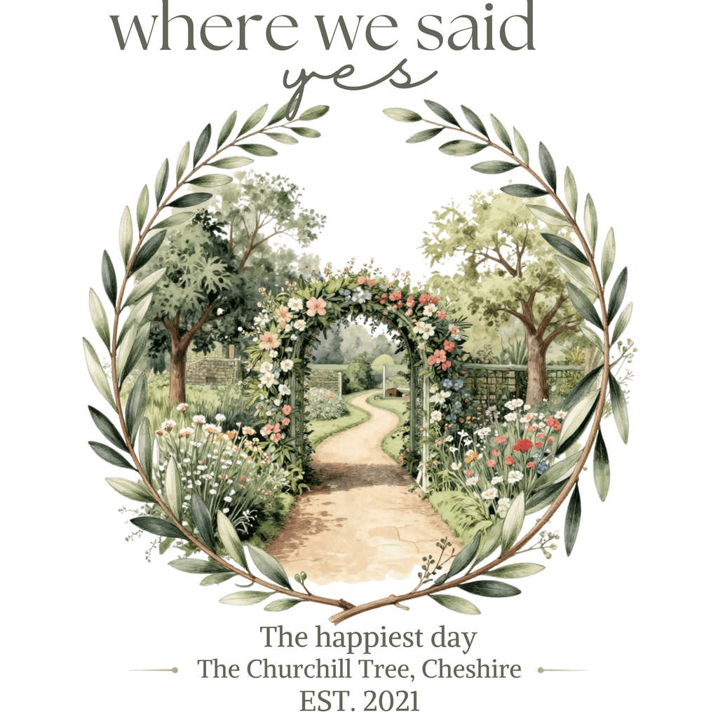 Decorative mug design with garden path illustration and laurel wreath