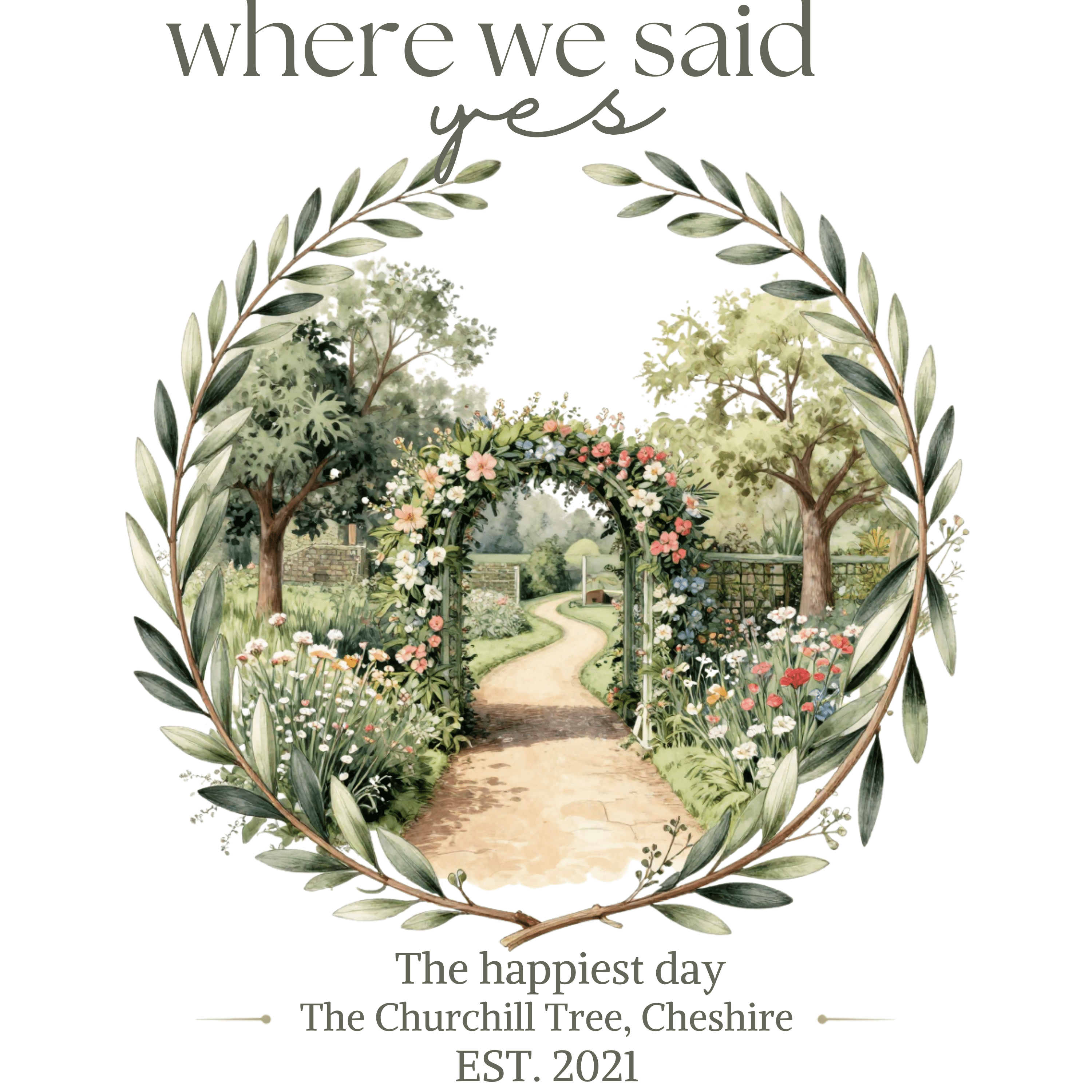 Decorative mug design with garden path illustration and laurel wreath